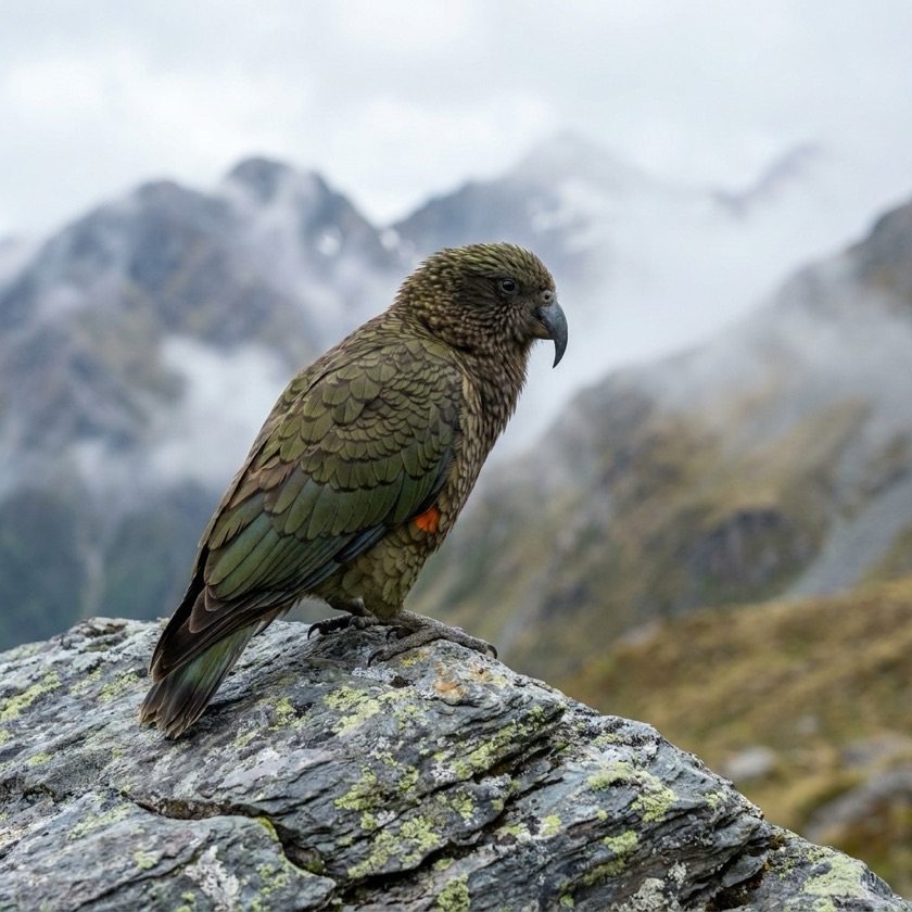 A kea perched on rock in the New Zealand alpine